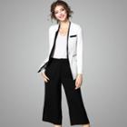 Set: Contrast-trim Blazer + Wide-leg Pants