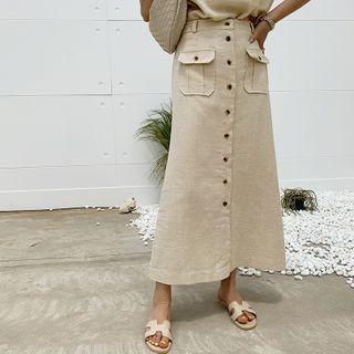 Linen Blend Buttoned Maxi Skirt Beige - One Size