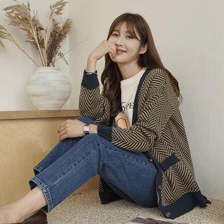 Contrast-trim Herringbone Cardigan Navy Blue - One Size