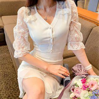 Set: Lace-sleeve Blouse + Mesh Paneled Pencil Skirt
