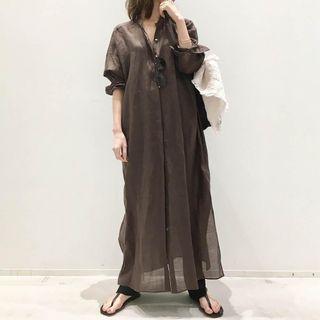 3/4-sleeve Button-up Maxi A-line Dress Coffee - One Size