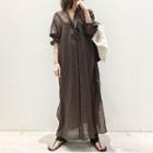 3/4-sleeve Button-up Maxi A-line Dress Coffee - One Size