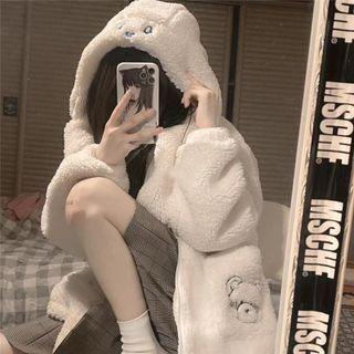 Bear Embroidered Hooded Fleece Zip-up Jacket