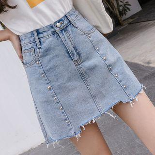 Rivet Frayed Denim Mini Skirt