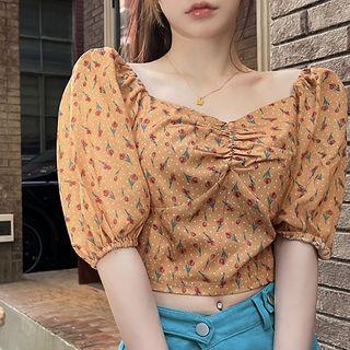 Puff-sleeve Floral Print Blouse / Puff-sleeve A-line Dress