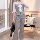 Set: Mock Two Piece Elbow-sleeve Top + Plaid Dress Pants
