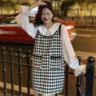 Mock Two-piece Flared-cuff Peter Pan-collar Argyle Mini Dress Blazer - Black - One Size