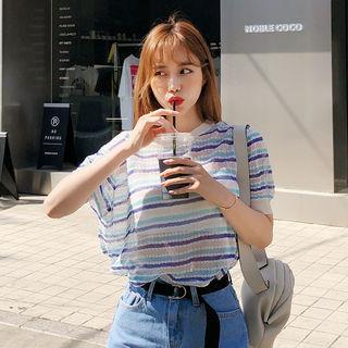 Short-sleeve Stripe Summer Knit Top Beige - One Size