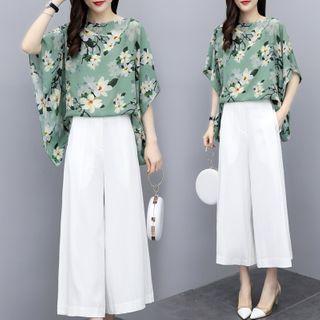 Set: Flower Print Elbow-sleeve Chiffon Top + Wide-leg Pants