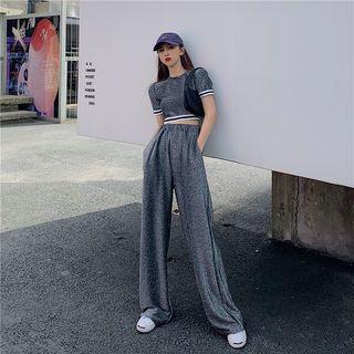 Set Of 2: Short-sleeve Crop Top + Wide Leg Pants