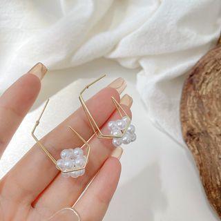 Faux Pearl Alloy Open Hoop Earring 01# - 1 Pair - Gold & White - One Size