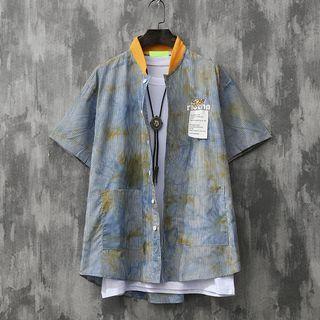 Elbow-sleeve Collarless Tie-dye Striped Shirt