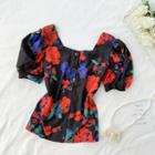 Square-neck Puff-sleeve Print Shirt Black - Red Floral - One Size