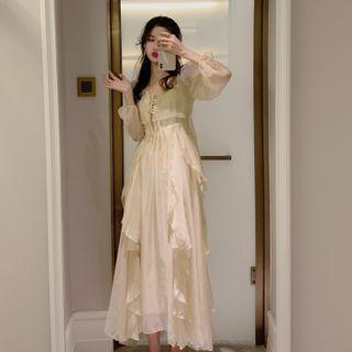 Lace Up Cropped Blouse / Spaghetti Strap Ruffle Maxi A-line Dress