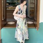 Sleeveless V-neck Tie Dye Print Dress As Shown In Figure - One Size