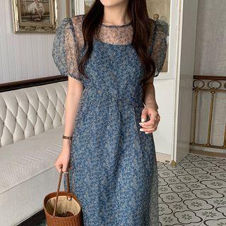 Set: Puff-sleeve Floral Print A-line Dress + Slipdress Puff-sleeve Dress - Blue - One Size / Slipdress - Blue - One Size