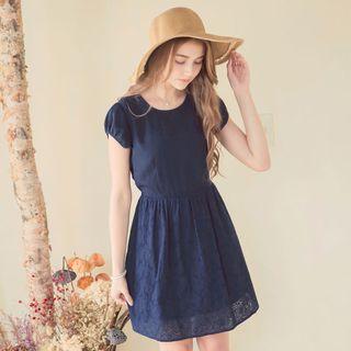 Cap-sleeve Lace-overlay Shirred Dress