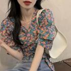 Puff-sleeve V-neck Floral Blouse Floral - Pink - One Size