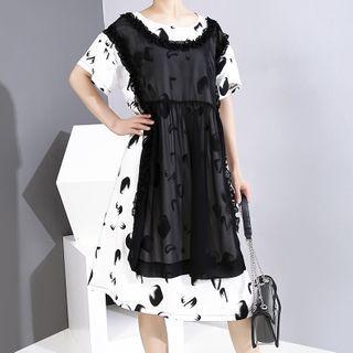 Printed Mesh Overlay Elbow-sleeve A-line Dress As Shown In Figure - One Size