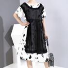Printed Mesh Overlay Elbow-sleeve A-line Dress As Shown In Figure - One Size