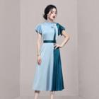 Set: Tie-neck Two-tone Blouse + Midi A-line Skirt