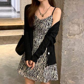 Spaghetti Strap Printed Mini A-line Dress / Cardigan