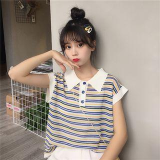 Striped Collared Short-sleeve Knit Top
