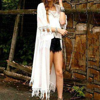 Fringed Elbow Sleeve Long Coat