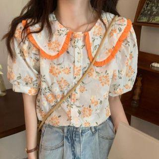 Peter Pan Collar Floral Button-up Puff-sleeve Blouse