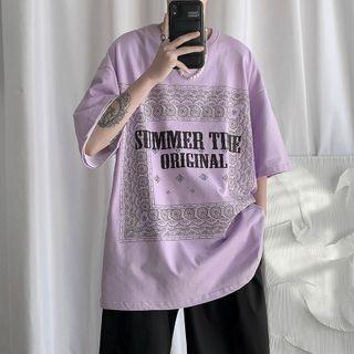 Short-sleeve Lettering Paisley Print T-shirt