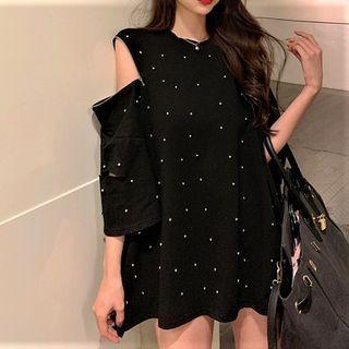 3/4-sleeve Dotted Oversized T-shirt Black - One Size
