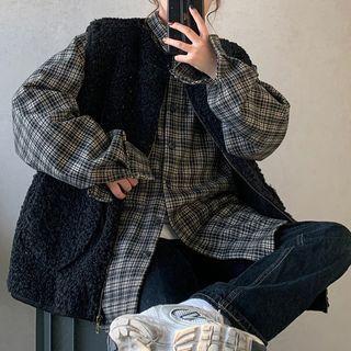 Plaid Shirt / Fleece Zip-up Vest