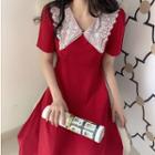 Lace-collar Midi Dress Vintage Red - One Size