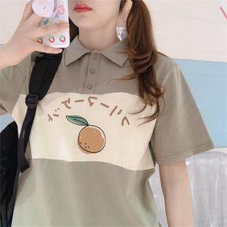 Orange Print Collared Short-sleeve T-shirt