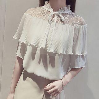Short-sleeve Lace Yoke Chiffon Blouse