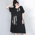 Short-sleeve Striped Panel Midi Dress Black - One Size