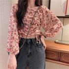Long-sleeve Off-shoulder Floral Drawstring Top As Shown In Figure - One Size