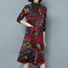 Long-sleeve Turtleneck Print Midi A-line Dress