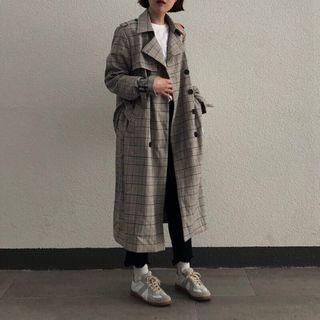 Double Breasted Plaid Long Coat As Shown In Figure - One Size