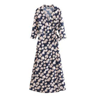 Leaf Print 3/4-sleeve A-line Midi Dress