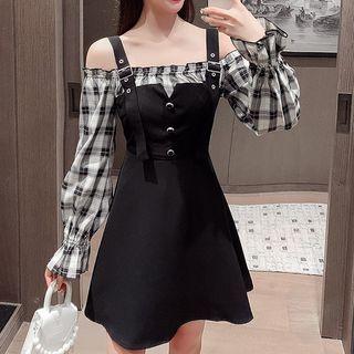 Plaid Panel Cold-shoulder Mini A-line Dress