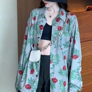 Printed Chiffon Long-sleeve Light Blouse Green - One Size