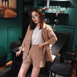 Set: 3/4-sleeve Check Blazer + Wide-leg Shorts