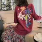 Printed Crew-neck Pullover / Flower Print Irregular Hem Midi Skirt