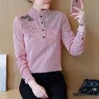 Embroidered Long-sleeve Striped Top