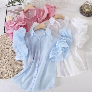 Lapel Plain Ruffle-sleeve Top