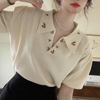 Short-sleeve Cherry Print Polo Knit Top Off-white - One Size