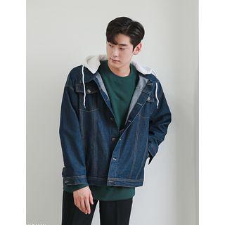 Detachable-hood Stitched Denim Jacket Dark Blue - One Size