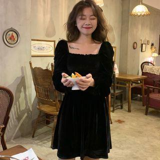 Square Neck Long-sleeve A-line Dress Black - One Size