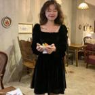 Square Neck Long-sleeve A-line Dress Black - One Size